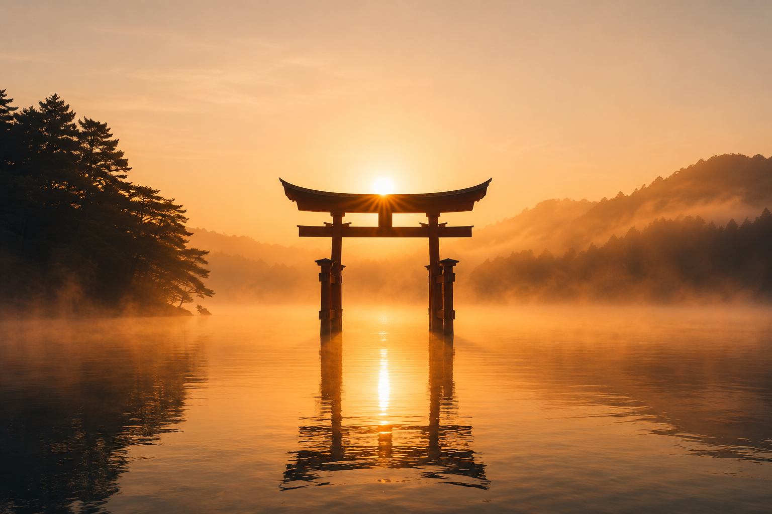 Torii japonais se dressant sur un lac au lever du soleil, symbole d’un passage vers un autre monde.