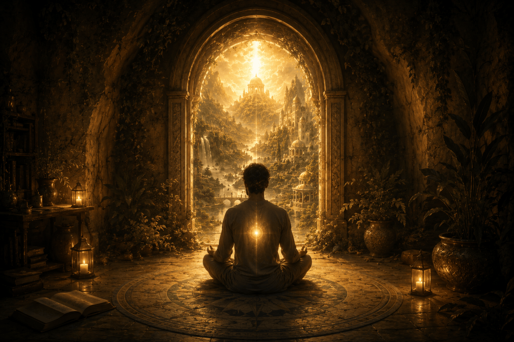 Un homme en méditation, une lumière au cœur, contemple un royaume lumineux symbolisant son monde intérieur.