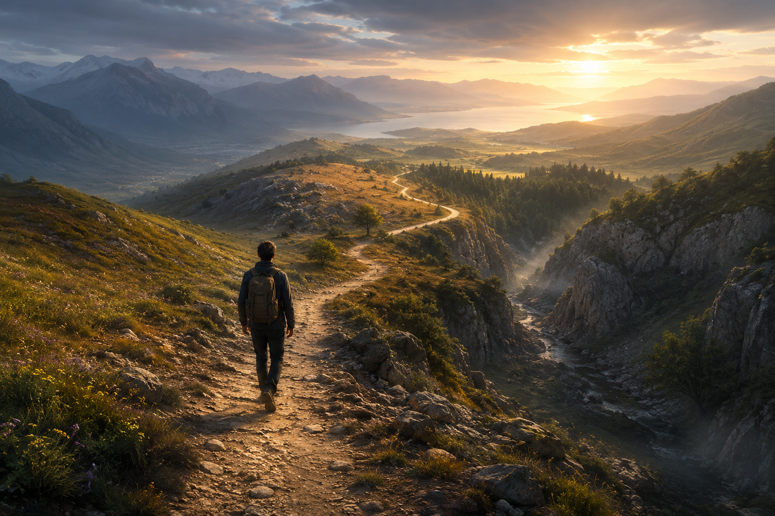 Une personne marche seule sur un chemin à travers les montagnes, symbole du chemin vers la souveraineté intérieure.