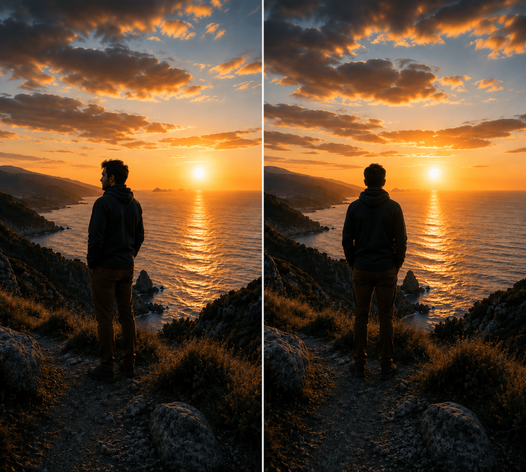 Homme face au coucher du soleil — Le déplacement du regard